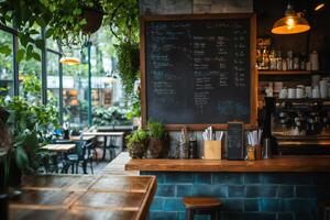 Empty coffee shop interior showing menu and bar with plants photo