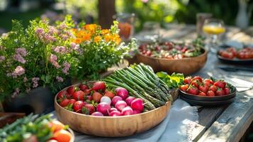Fresh produce displayed on a wooden table in a garden setting photo
