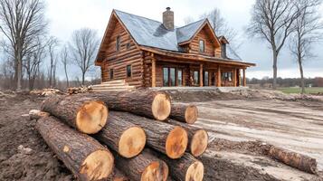 Log cabin being built with pile of logs in the foreground photo