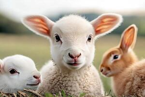 Lambs and rabbit resting in green meadow photo