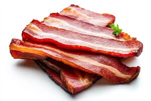 Delicious crispy smoked bacon slices forming a tasty pile on white background photo