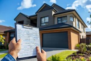 Building inspector completing inspection report of new home photo