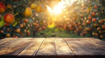 Empty wooden table in apple orchard during golden hour sunset photo