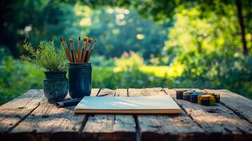 Painting material ready on wooden table in peaceful green garden photo