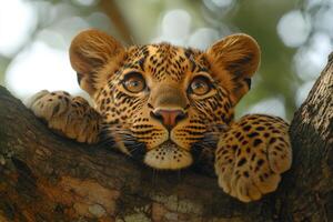 Leopard cub resting on a branch in the forest photo