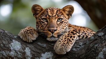 Leopard resting on a tree branch in the wild photo