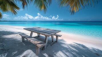 Wooden picnic table under palm trees on tropical beach paradise photo