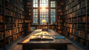 Open book lying on table in warm lit library interior photo