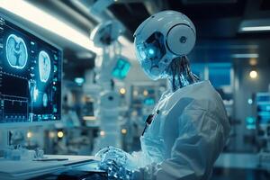 Medical robot surgeon analyzing brain scan in futuristic laboratory photo