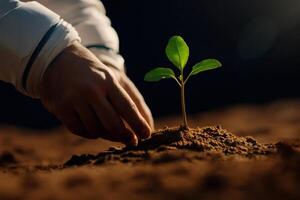 Astronaut planting seedling demonstrating colonization on mars or another planet photo
