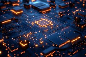 Electronic circuit board showing data processing with orange lights photo