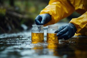 Scientist in protective suit comparing two water samples in glass jars photo