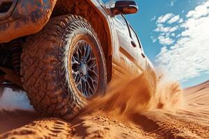 Muddy pickup truck is driving fast on sand dunes, creating a cloud of dust photo