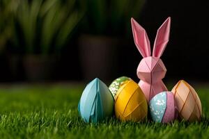 Origami easter bunny standing with colorful eggs on grass photo