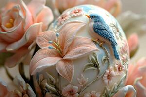 Delicate blue bird perching on decorative easter egg with flowers photo