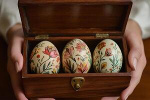 Woman holding wooden box containing three decorated easter eggs photo