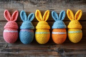 Five colorful crocheted easter eggs wearing bunny ears hats resting on rustic wooden surface photo