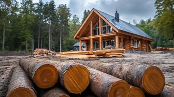 Wooden logs resting on ground with log house being built in background photo