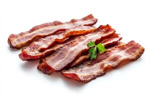 Tasty crispy bacon slices with parsley lying on white background photo