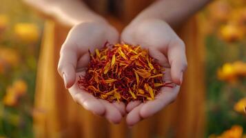 Woman holding dried saffron in open palms in field of flowers photo