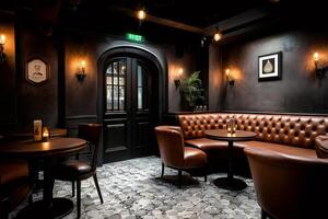 Elegant pub interior design with comfortable leather seating and warm lighting photo