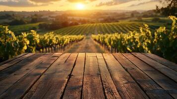 Empty wooden table with vineyard sunset background for wine product placement photo