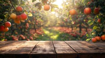 Empty wooden table in apple orchard with ripe apples hanging on branches photo