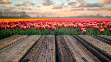Empty wooden table with colorful tulip field at sunset creating stunning scenery photo
