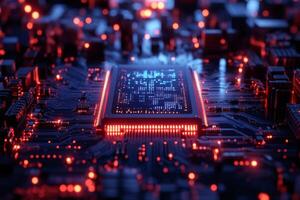 Cpu is processing data on motherboard with bokeh effect and colorful lights photo