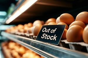 Eggs out of stock in empty supermarket shelf displaying food shortage photo