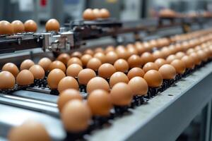 Chicken eggs moving on automated conveyor belt in egg factory photo