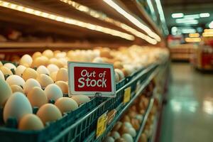 Egg shortage causing empty shelves in supermarket with out of stock sign photo