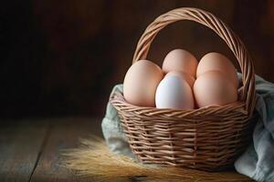 Wicker basket brimming with fresh eggs and wheat on rustic wooden table photo