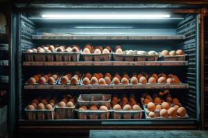 Refrigerated display case fully stocked with fresh chicken eggs in cardboard containers photo