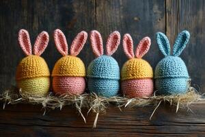 Five colorful crocheted easter eggs with bunny ears sitting on straw photo