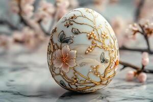 Decorative easter egg showing golden branches and pink flowers photo