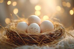 Fresh organic eggs resting in a cozy nest, illuminated by golden light photo