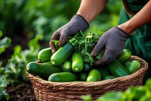 Farmer harvesting fresh zucchini in a wicker basket on a sunny day photo