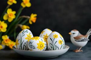 Easter eggs decorated with daffodils and a wooden bird creating a festive atmosphere photo