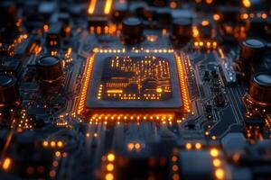 Cpu processing data on motherboard with orange lights photo