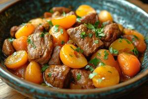 Tasty beef stew with apricots and fresh herbs simmering in a bowl photo