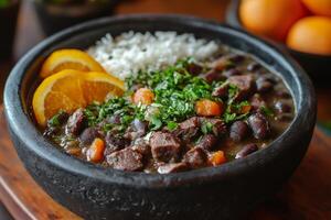 Brazilian feijoada with orange slices, rice and parsley in a clay pot photo