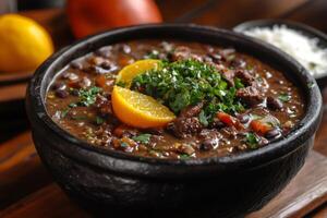 Brazilian feijoada with orange slices and parsley in clay pot photo