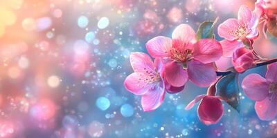 Pink spring flowers blooming on a branch with bokeh background photo