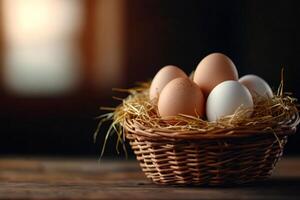 Fresh organic eggs resting in a basket of straw photo