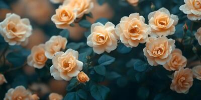 Peach roses blooming in summer garden with water drops photo