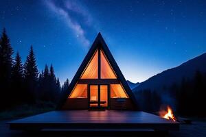 Cozy a frame cabin glowing under milky way in mountain forest at night photo