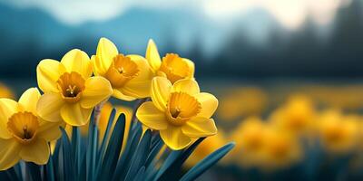 Yellow daffodils blooming in spring field with blurred background photo