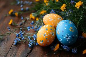 Easter eggs with spring flowers resting on rustic wooden table photo