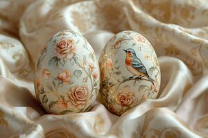 Easter eggs decorated with gold and flowers resting on silk fabric photo